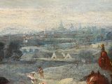 painting of a group of men riding horses across a river
