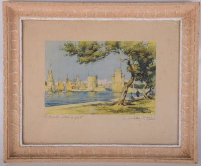 tableau représentant une vue de ville avec une rivière et un arbre