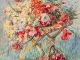 un tableau représentant un panier de fleurs dans l'herbe