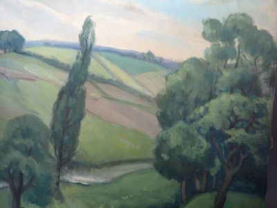 a painting of a landscape with trees in the foreground