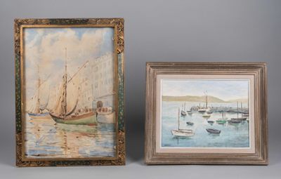 two framed paintings of boats in a harbor and a painting of a sailboat