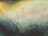 peinture représentant un tableau représentant un coucher de soleil avec un arbre au premier plan
