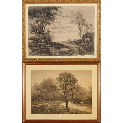 deux dessins encadrés représentant des arbres et une rivière