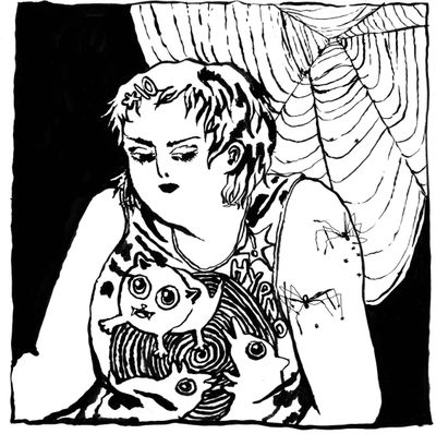 un dessin en noir et blanc représentant une femme avec un tatouage sur le bras