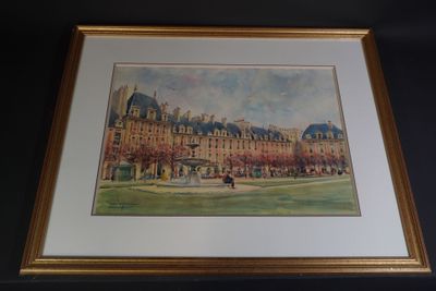 an image of a painting of a building with a fountain in front of it