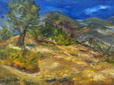 une peinture à l'huile représentant une colline surmontée d'un arbre