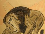 un dessin représentant un homme penché en avant pour ramasser quelque chose