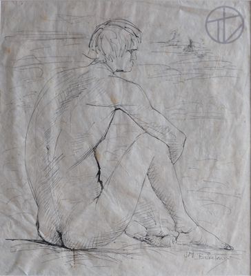 dessin représentant un homme assis sur la plage, de dos par rapport à l'appareil photo