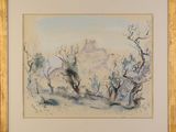 painting of a landscape with trees and a castle in the distance