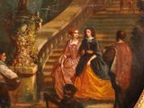 a painting of two women and a man on a staircase