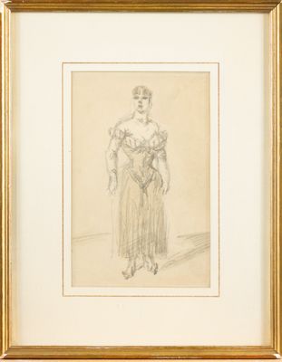 a drawing of a woman in a dress holding a bouquet