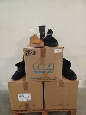 two boxes with shoes on top of them on a pallet