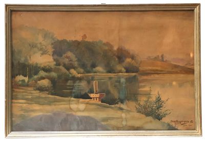 a picture of a painting of a boat on the water