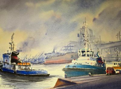 un tableau représentant un bateau et un bateau dans l'eau