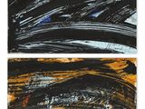 deux tableaux abstraits noirs et jaunes sur fond blanc