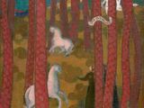 une image représentant un tableau où l'on voit une femme et un chien dans une forêt