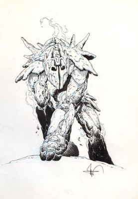 un dessin en noir et blanc représentant un monstre à la grosse tête
