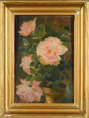an oil painting of pink roses in a vase on a table