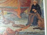 a painting of a man sitting on a boat in the water