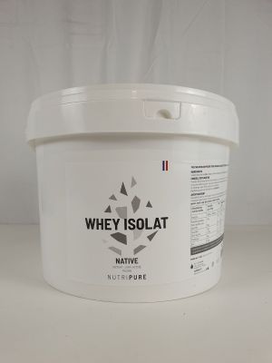the container of whey is sitting on a white surface