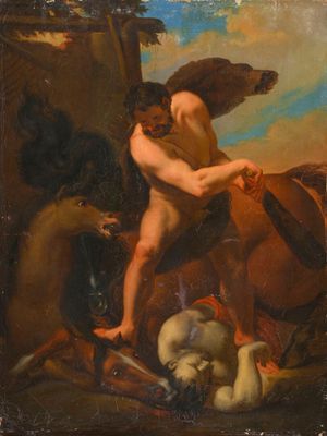 une image représentant un tableau où l'on voit un homme à cheval entouré d'animaux