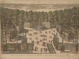 an old drawing of a park with a fountain surrounded by trees and people