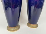 pair of blue vases with gold handles on a white background