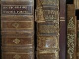 several old books are lined up on a shelf in a library