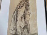 un dessin représentant une femme en robe longue, assise à une table