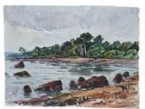 a watercolor painting of a river with rocks and trees