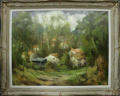 une peinture à l'huile représentant une scène de campagne avec un chemin de terre au premier plan