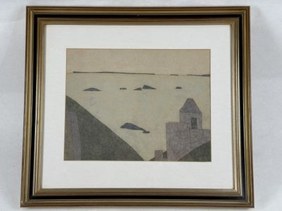 framed picture of a picture of a building and a boat in the water