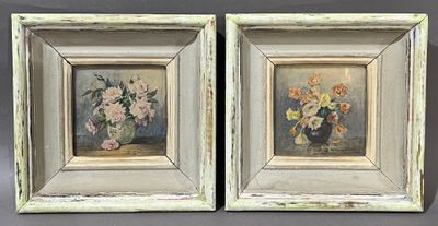 painting of a pair of flowers in a vase on a table