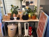 a table with plants on it in the corner of a room