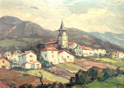 painting of a village with a steeple and a church in the background