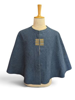 un gros plan d'un mannequin vêtu d'une cape bleue