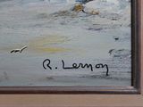 a painting of a bird flying over a body of water