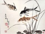 un tableau représentant deux poissons nageant dans un étang