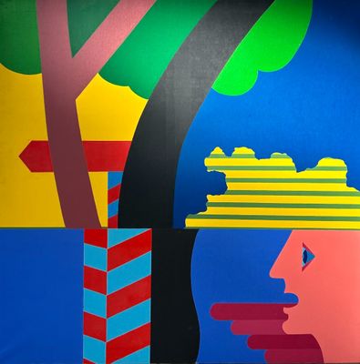 a painting of a man sitting under a tree with a hat on