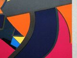 abstract painting of a man with a hat on his head in front of an orange and blue background