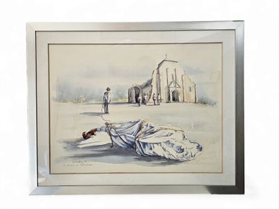 painting of a man laying on the ground in front of a church