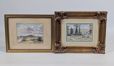deux tableaux encadrés représentant un paysage avec des arbres en arrière-plan
