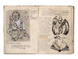 an old book with drawings of people and animals on it