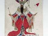 painting of a woman in a red robe with a crown and a sword