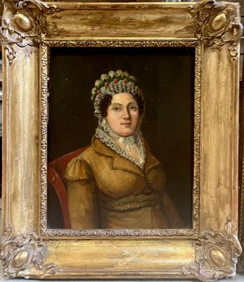 tableau représentant une femme vêtue d'une robe marron et d'un bonnet, dans un cadre doré