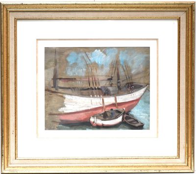 painting of a red and white boat sitting on top of a body of water