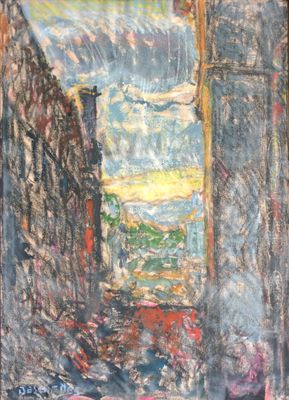 une peinture à l'huile représentant une scène de rue avec un parapluie rouge au premier plan