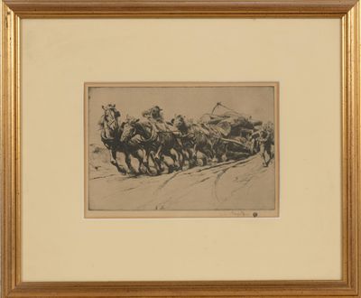 une image représentant un dessin d'un groupe de chevaux tirant une charrette