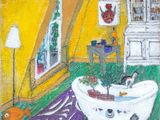 tableau représentant une salle de bains avec une baignoire dans laquelle se trouve un chat
