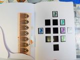une personne tenant un livre sur lequel figurent des timbres et des cachets